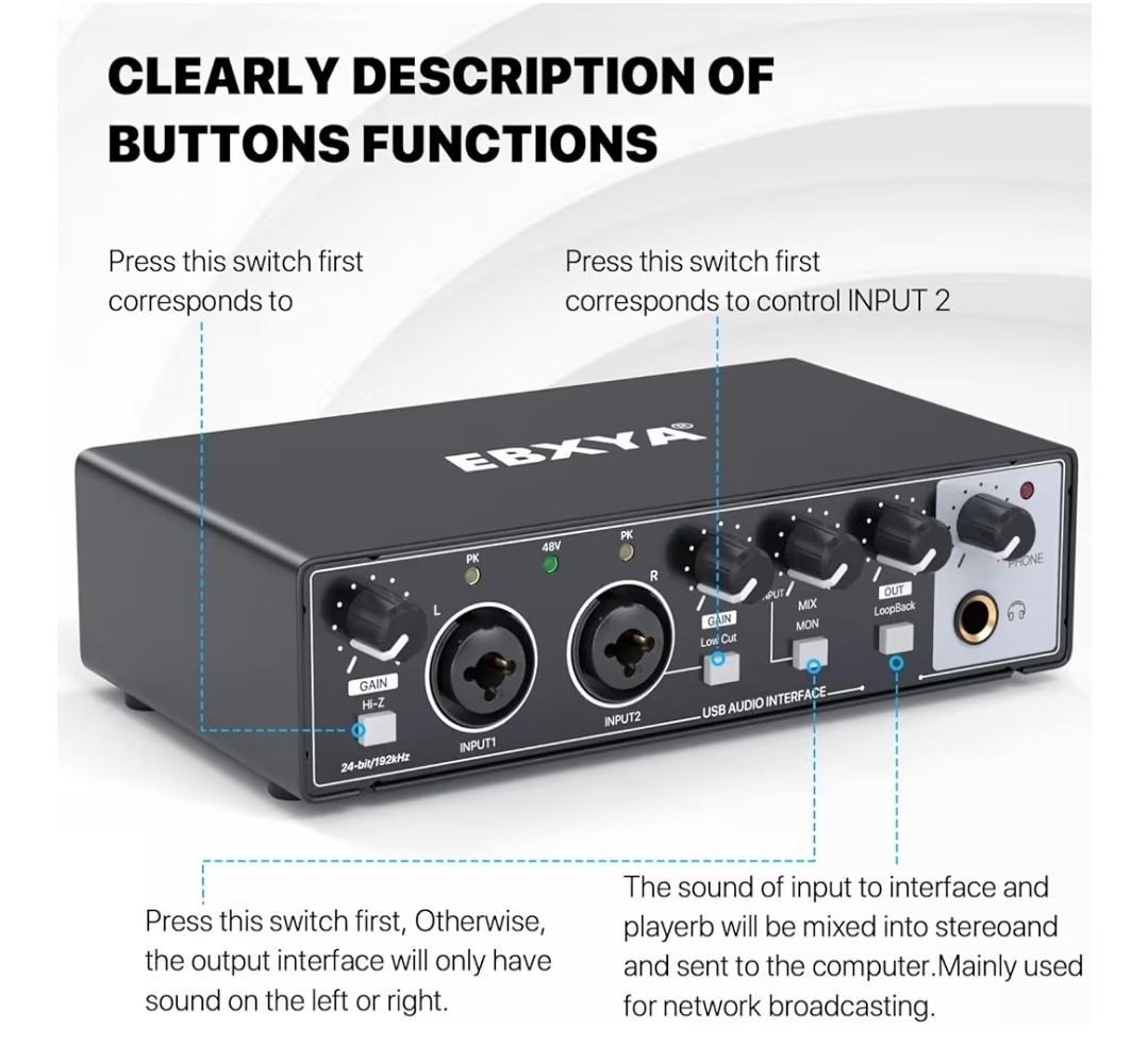 EBXYA 2i2 USB Audio Interface for PC Recording, 24-bit/192kHz Plug and Play
