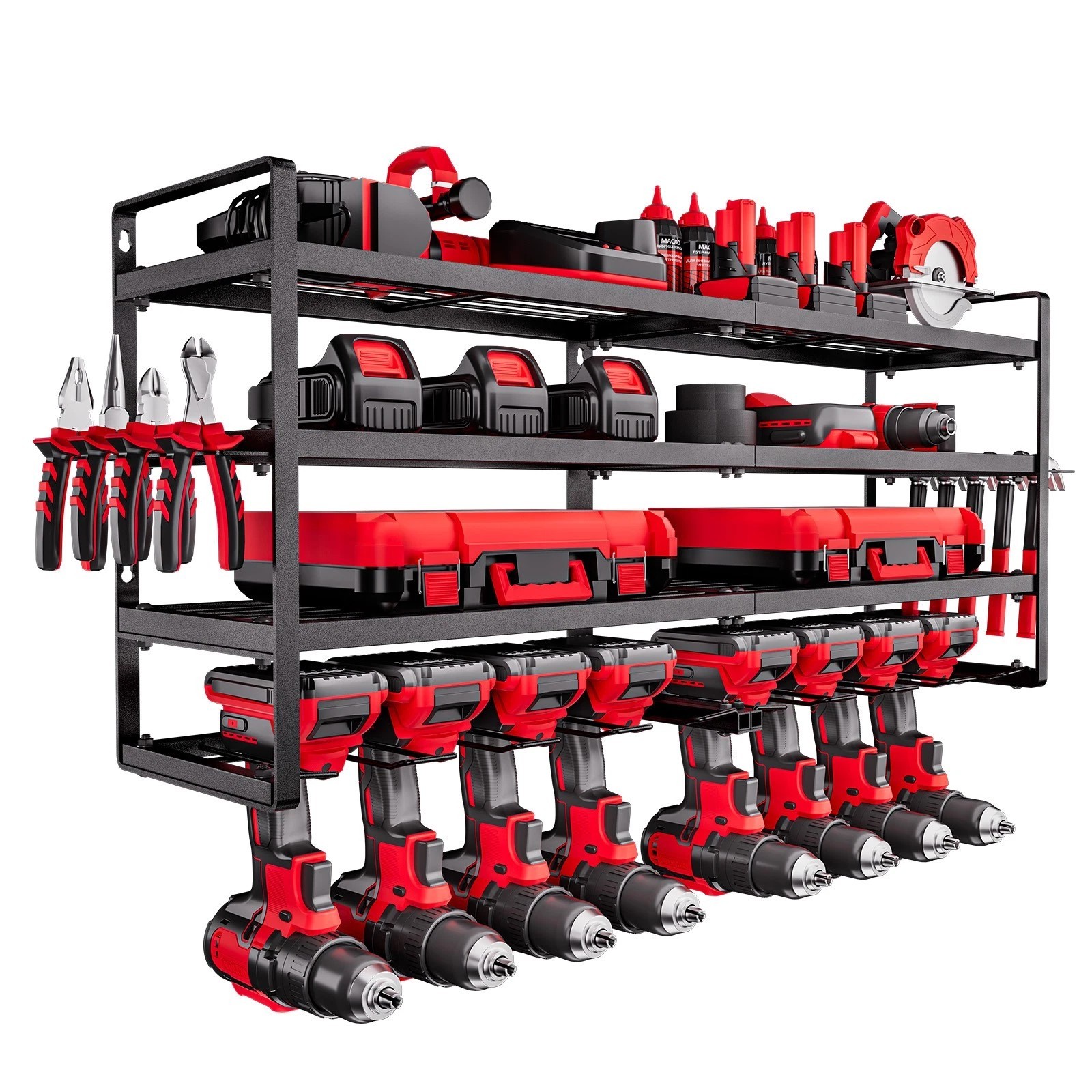 Power Tool Organizer Wall Mount 4-Layer Tool Storage Rack 8 Drill Holders