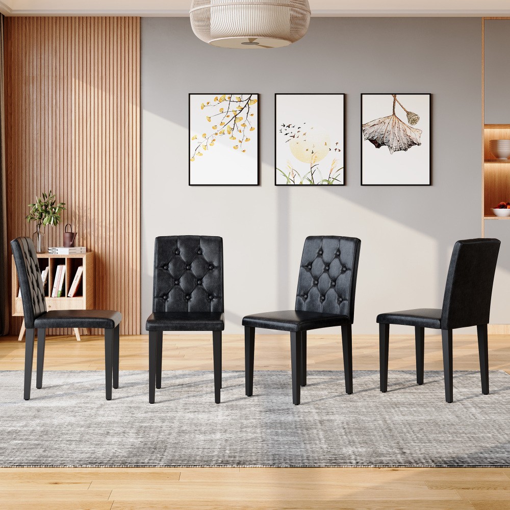 Set of 4 Black PU Leather Dining Chairs w/ Buckle Backrest Adjustable Feet