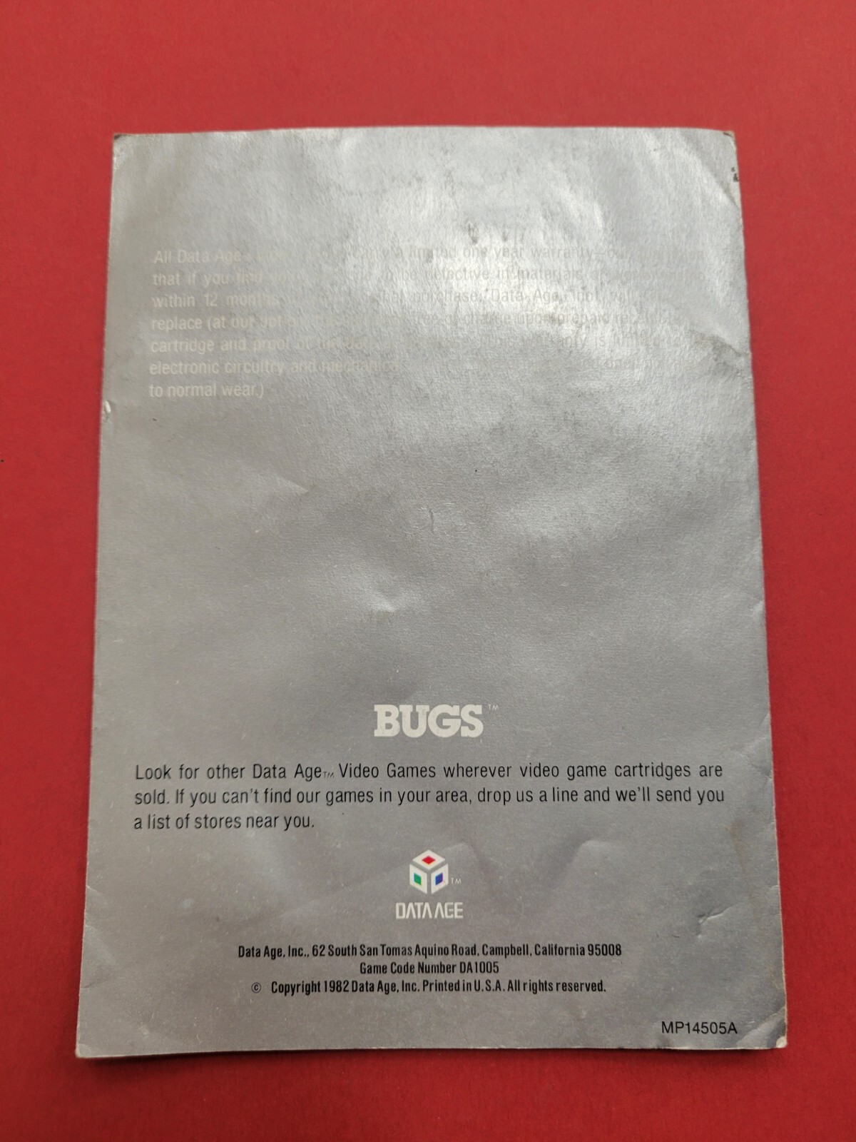 Original 1982 Data Age Bugs video game manual instructions
