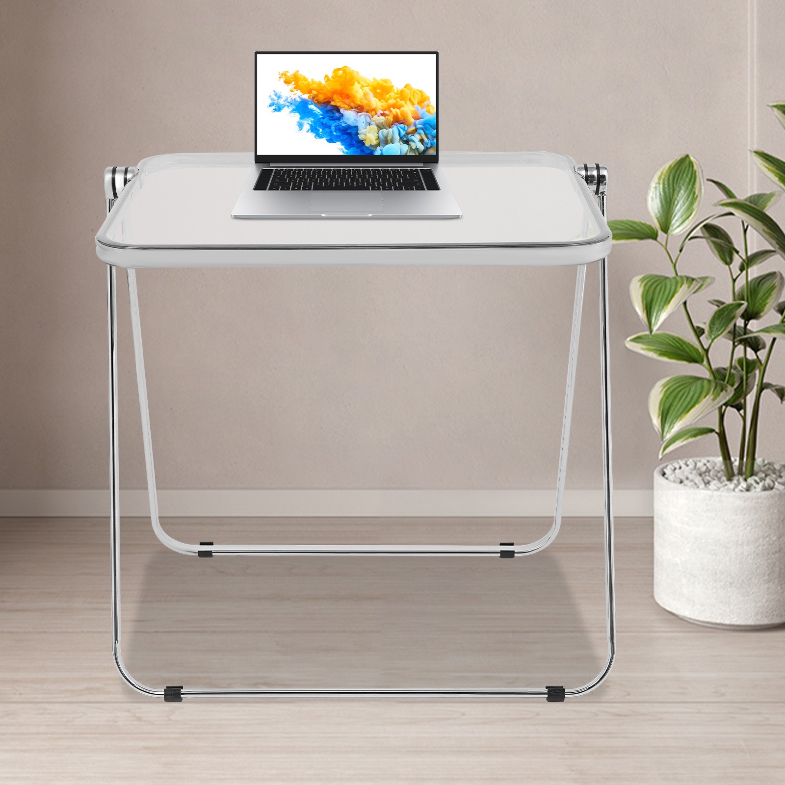 Silver& Clear Foldable Side Table Tiny Computer Desk for Home Office Indoor