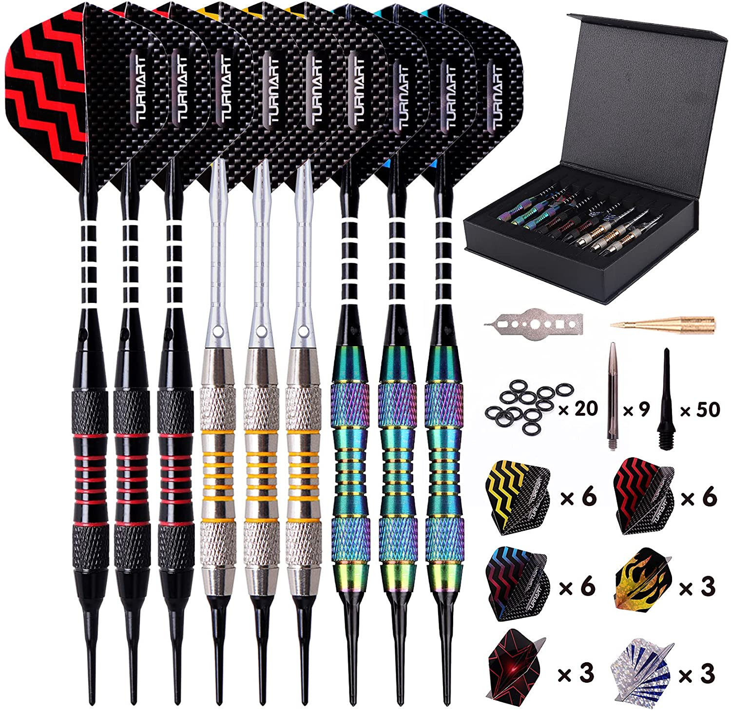 Soft Tip Darts Set 9pc Plastic Tip 18g Electronic Dartboard Flights Shafts Case