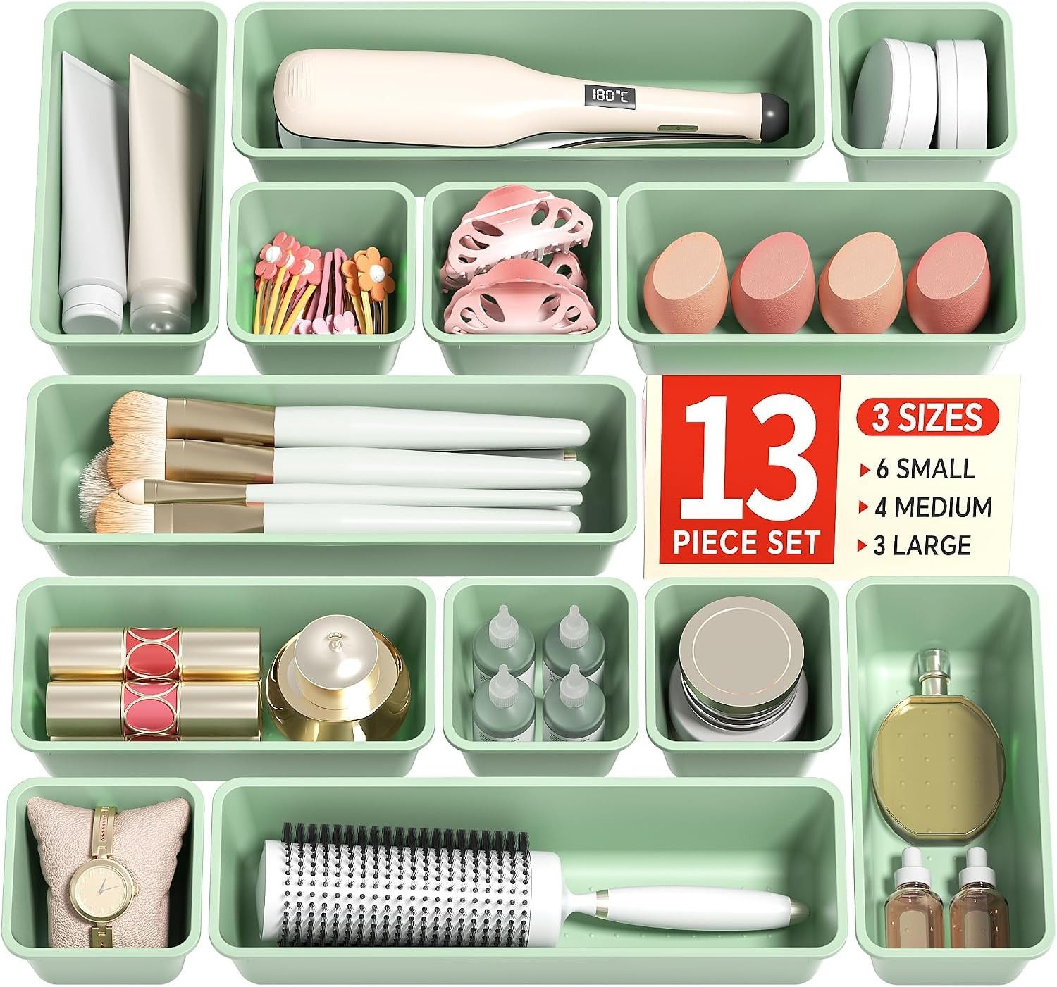 13 Pack Plastic Drawer Organizer Trays Set for Makeup Kitchen Bathroom Office