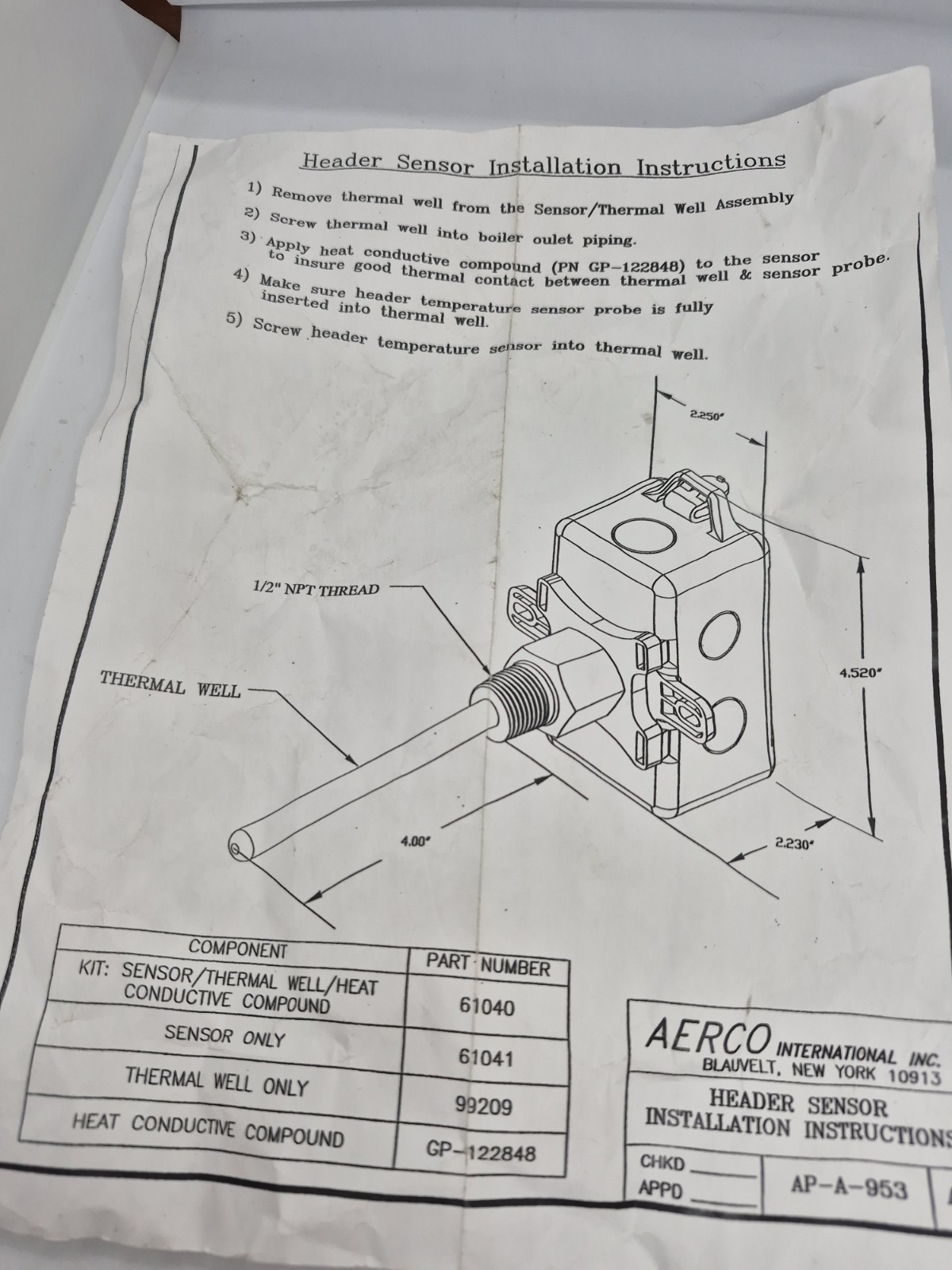 Aerco Header Sensor HVAC Thermistor