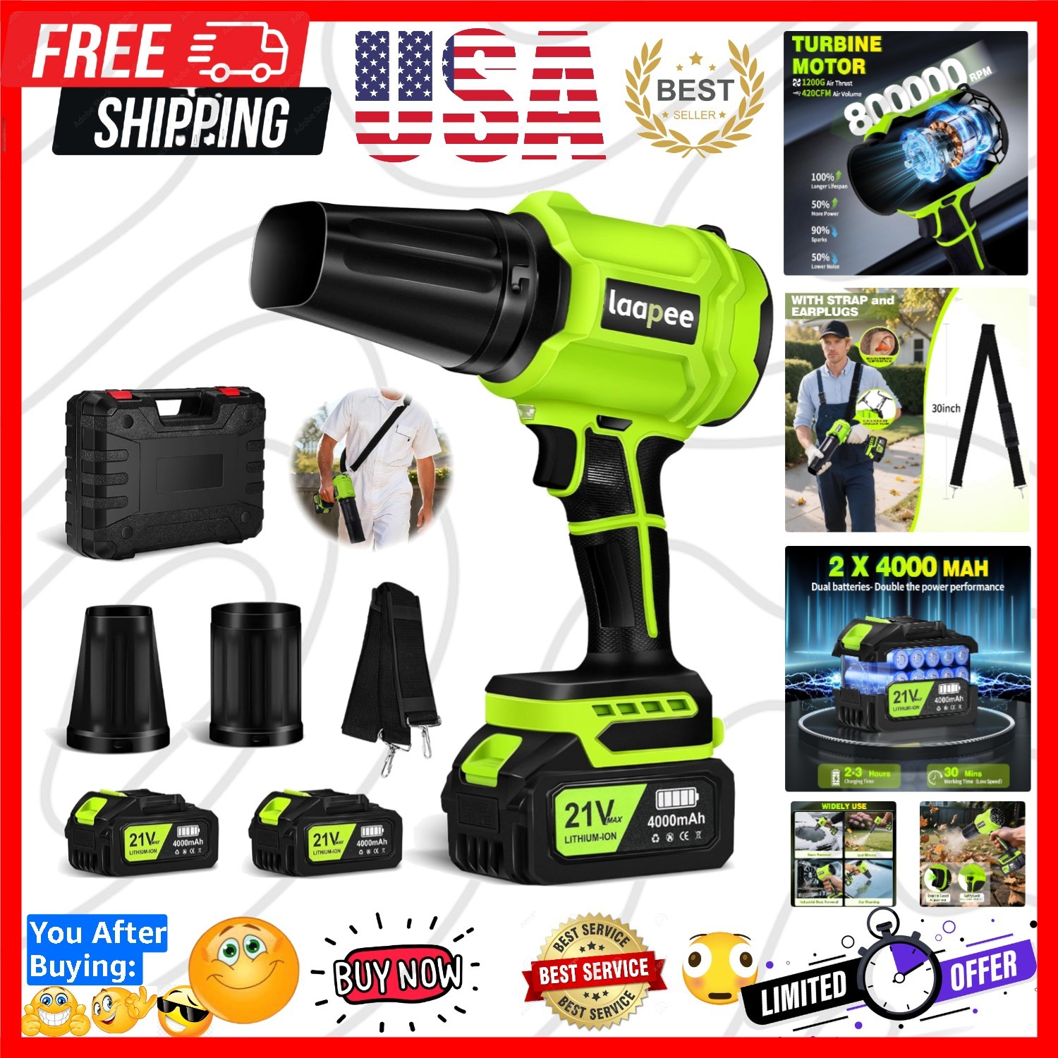 Leaf Blower Cordless,Battery Powered 800,000 RPM Electric Leaf Blower with 2 ...