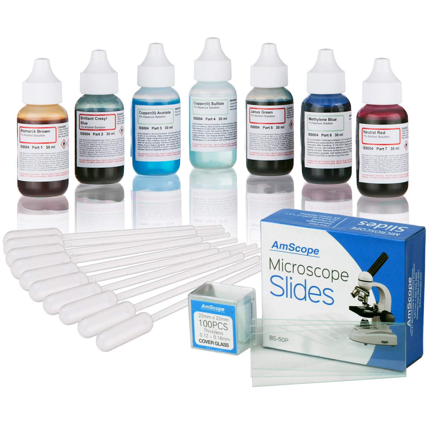 AmScope Vital Stain Kit for Living Cells� Microscope Stains, Pipettes, 50 Slides