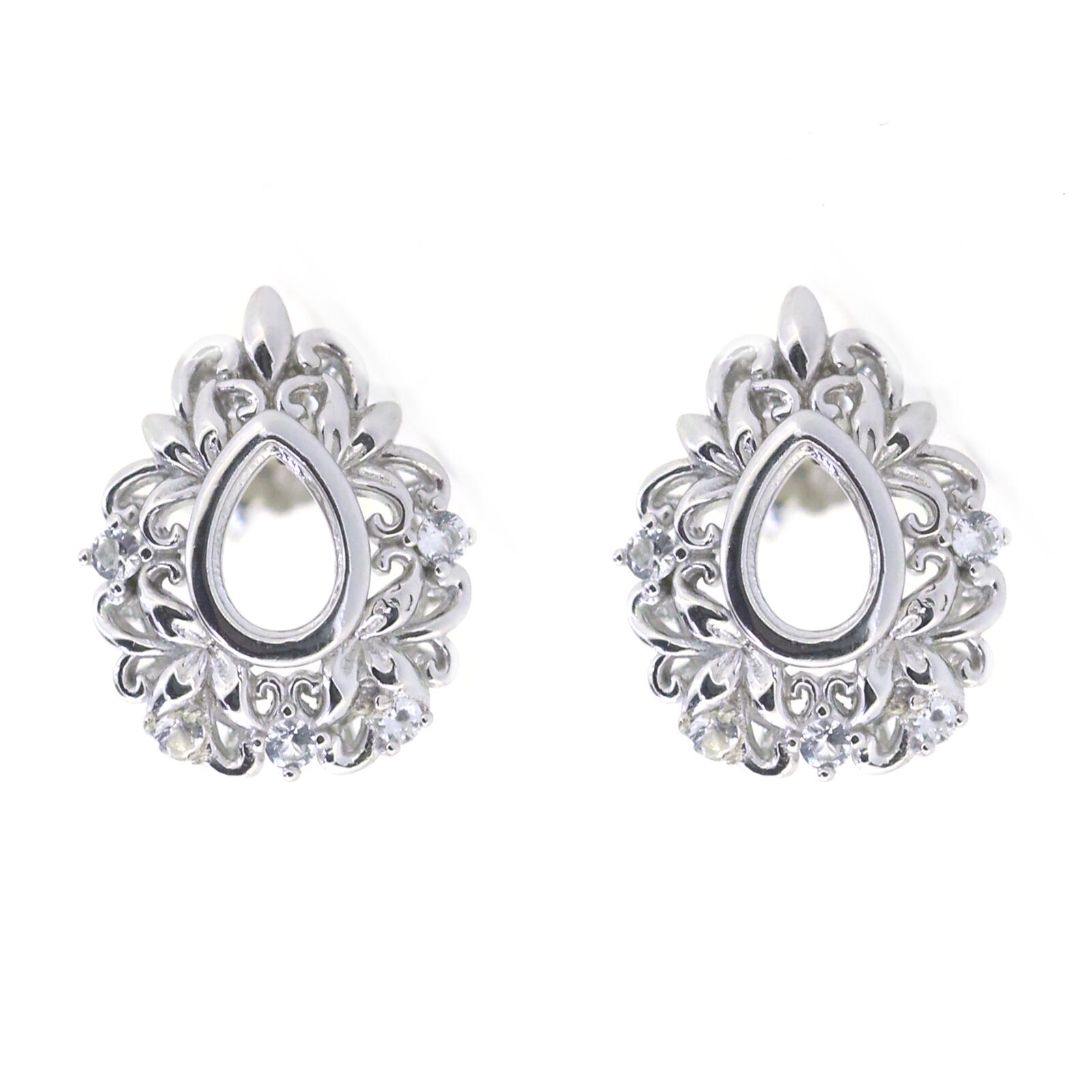 Sterling Silver Semi Mount Earrings Stud Setting Pear PE 7x5mm Topaz Halo