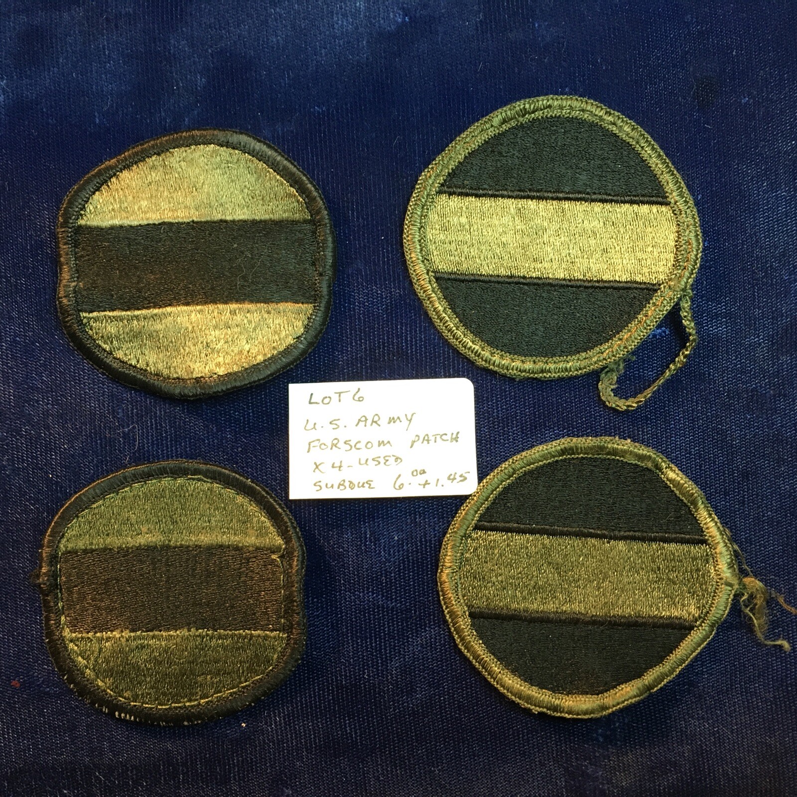 US ARMY FORCES COMMAND FORSCOM, PATCHES X4 PC, USED SUBDUED, EXCELLENT LOTT #6