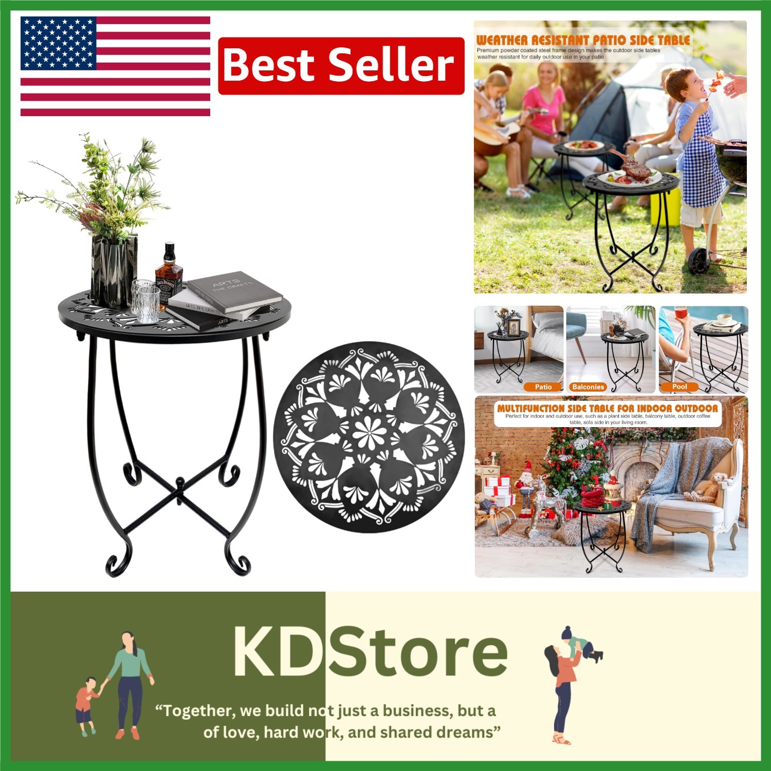 Sleek Weather-Resistant Side Table - 14" Diameter Round Design, Black Finish