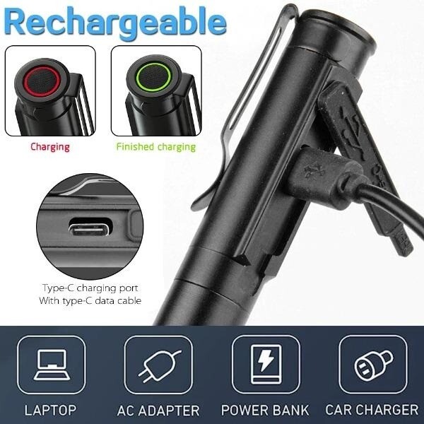 LED Flashlight USB Rechargeable Pen Light Zoom Waterproof Small Torch