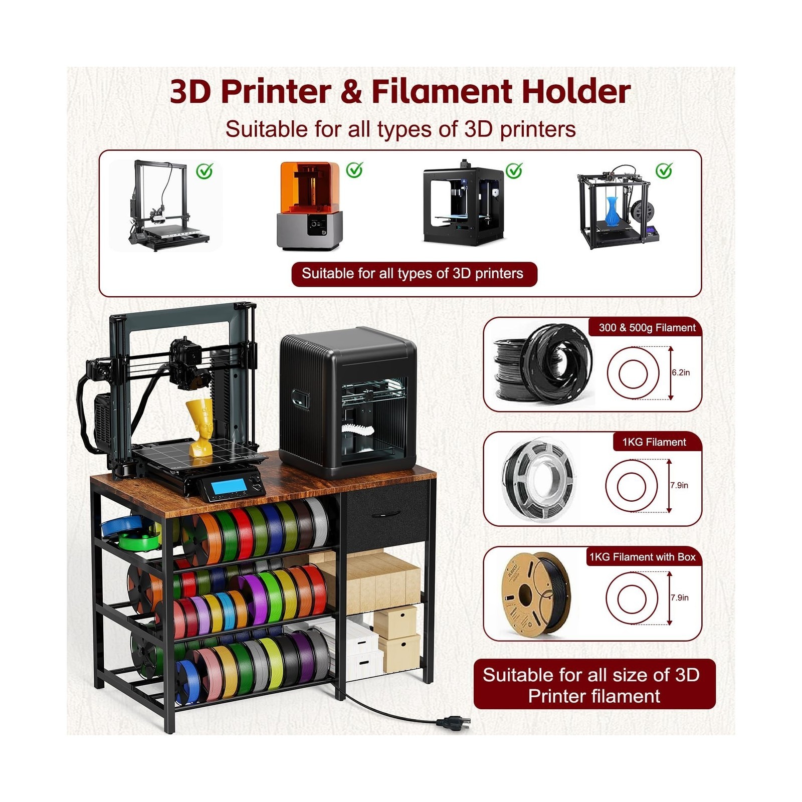 3D Printer Stand with Filament Storage Rack, 3D Printer Table with Power Outl