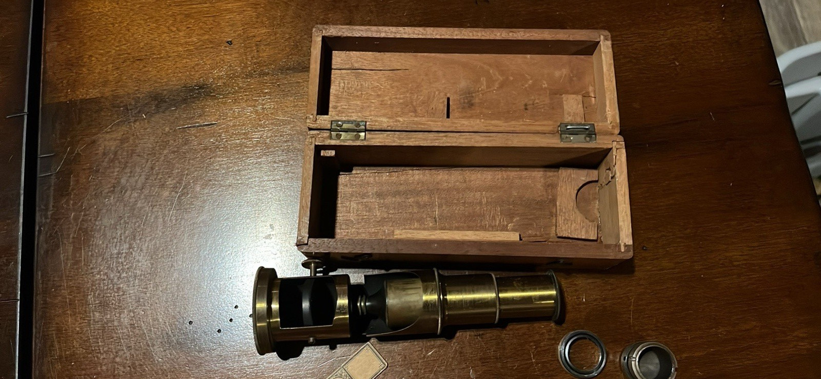 Antique Brass Microscope Optical Instrument w/ Wooden Case, Extra Lenses & Parts