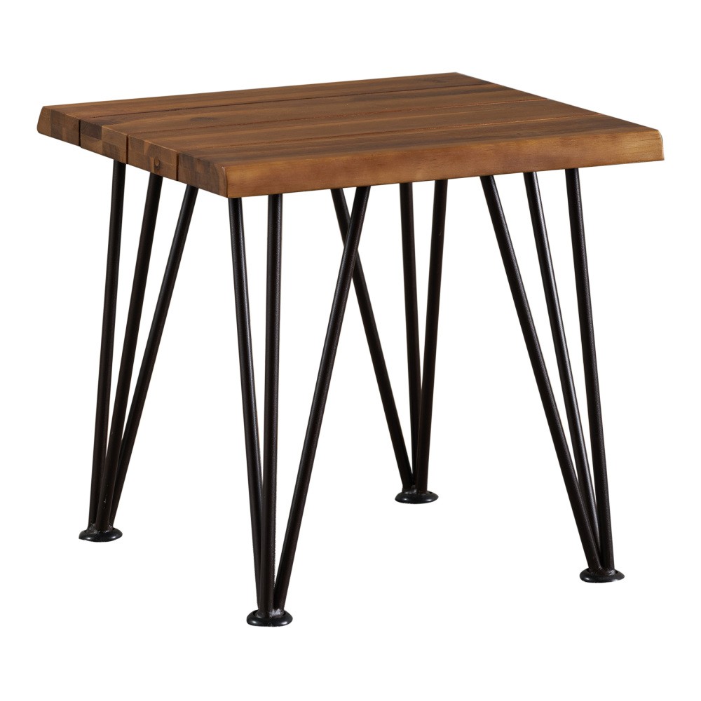 Rustic Acacia Wood Side Table with Iron Legs, Outdoor Patio Backyard
