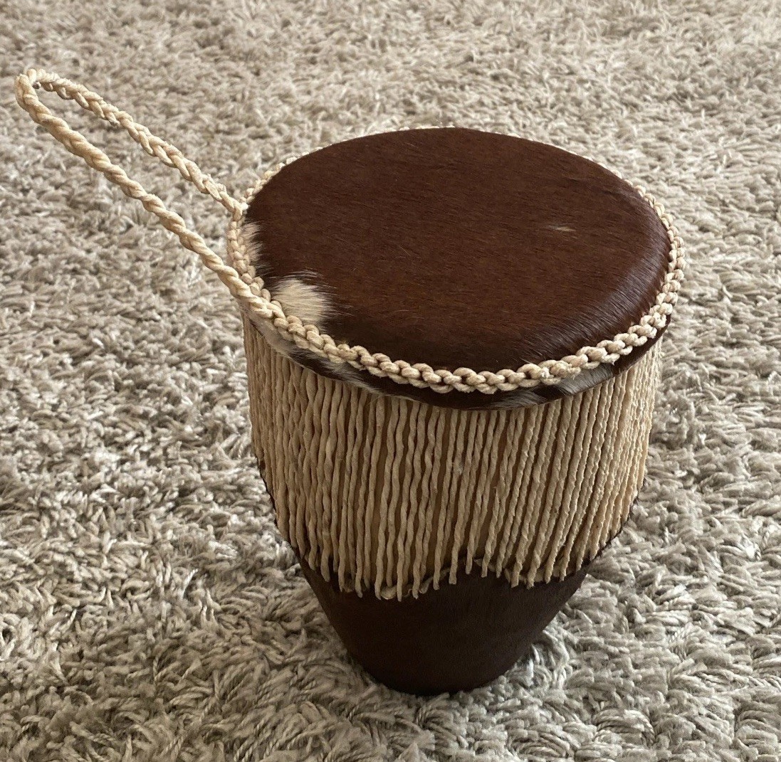 Vintage African Handmade Djembe Drum Cowhide Skin Rope Fringe Ethnic Percussion