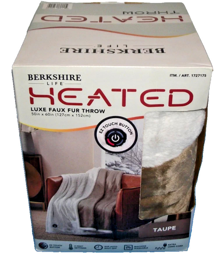 BERKSHIRE LUXE FAUX FUR HEATED THROW TAUPE 50 IN X 60 IN NEW MACHINE WASHABLE