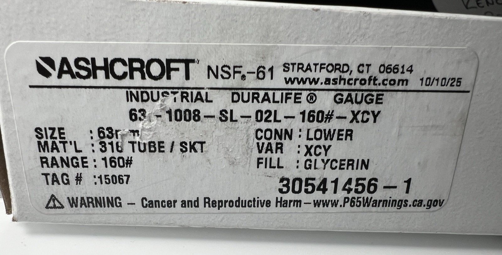 Ashcroft 631008SL02L160# Pressure Gauge Liquid Filled 2.5" (New WITH Box)