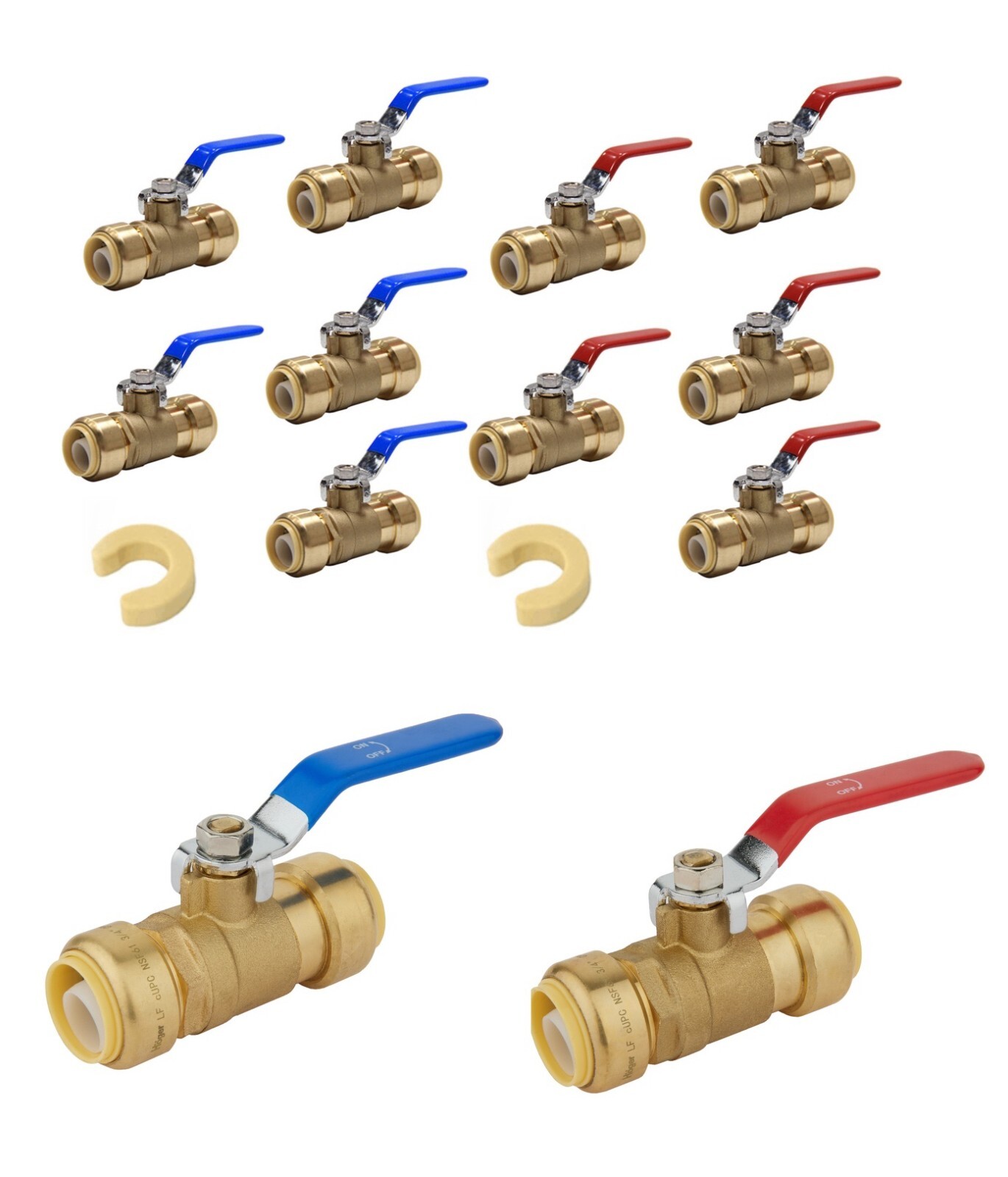 EFIELD 12PCS 3/4"  PUSH FIT BRASS BALL VALVE HOT & COLD +CLIPS, NO LEAD
