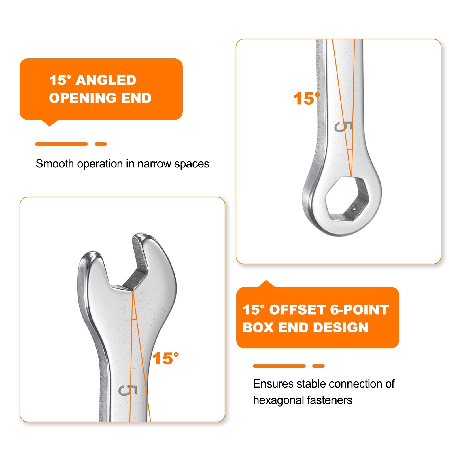 2pcs Thin Combination Wrench 5mm with 6-Point Ended and 15°Angled Open End