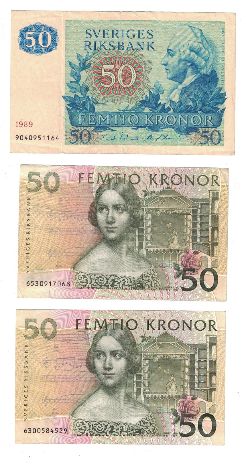 Sweden - Group of (3) 50 Kronor Banknotes (1989-1996)