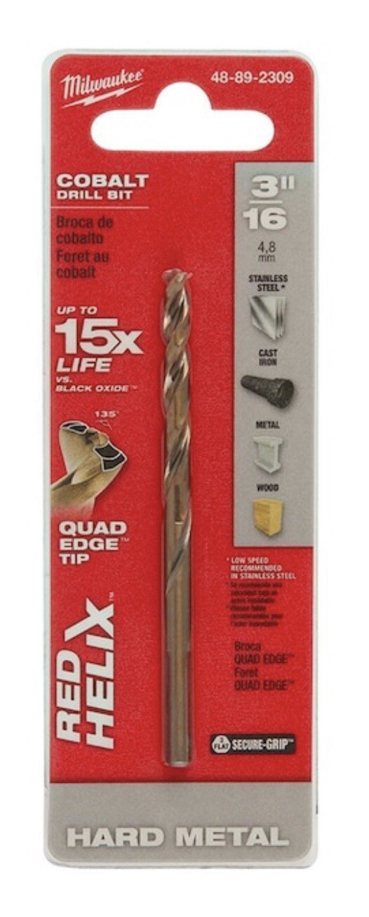 MILWAUKEE 48-89-2309, 3/16-inch COBALT, Red Helix Drill Bit with Quad Edge Tip