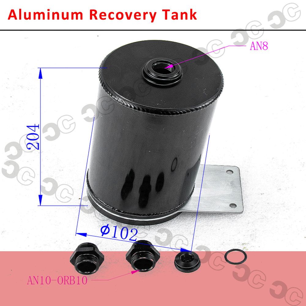 Aluminum Recovery Tank Open Loop 8 in Tall 4 in Diameter 10 AN Male Inlet&Outlet