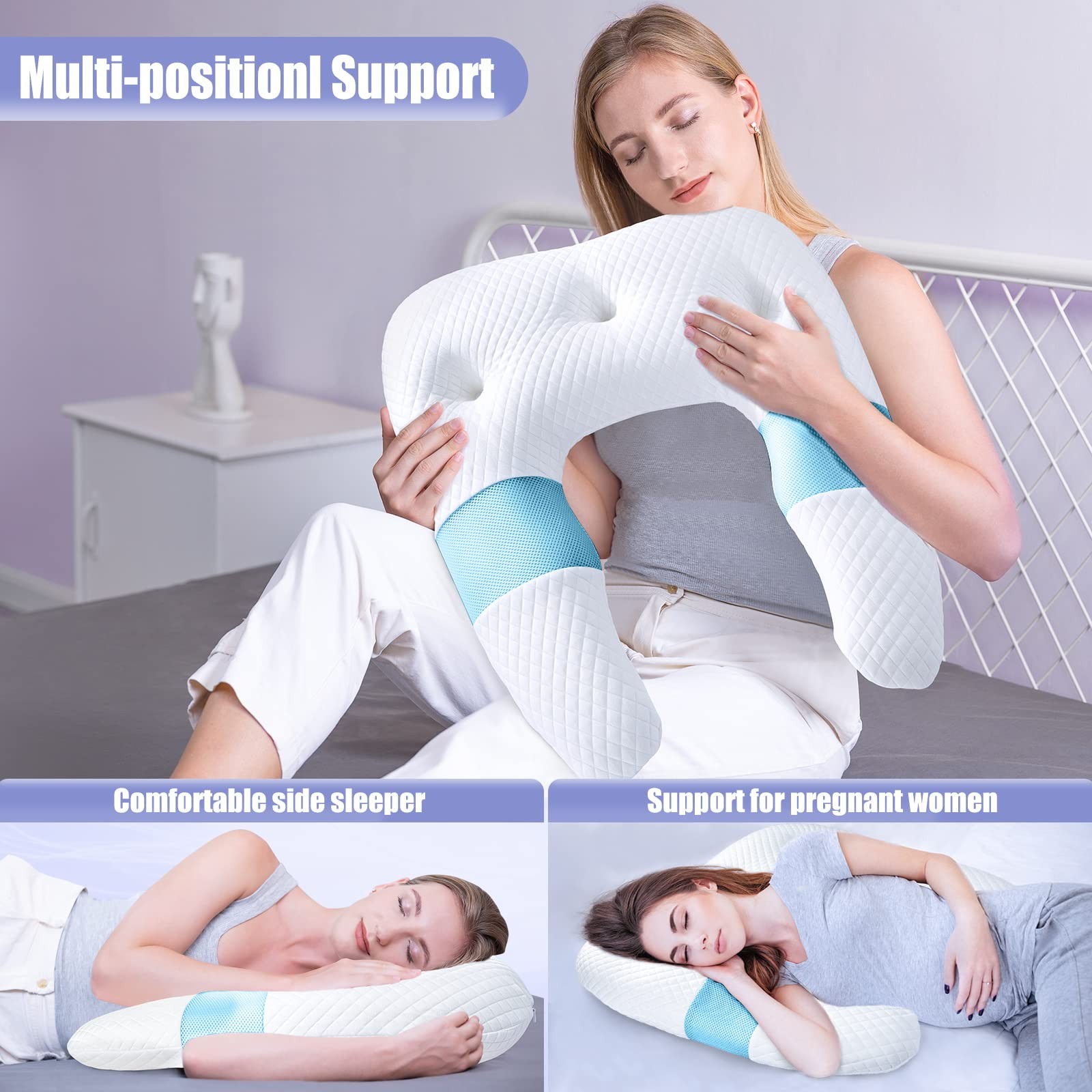 SAHEYER Side Sleeper Pillows for Adults, U 25.59x 23.93x4.72/2.36 inch, Blue