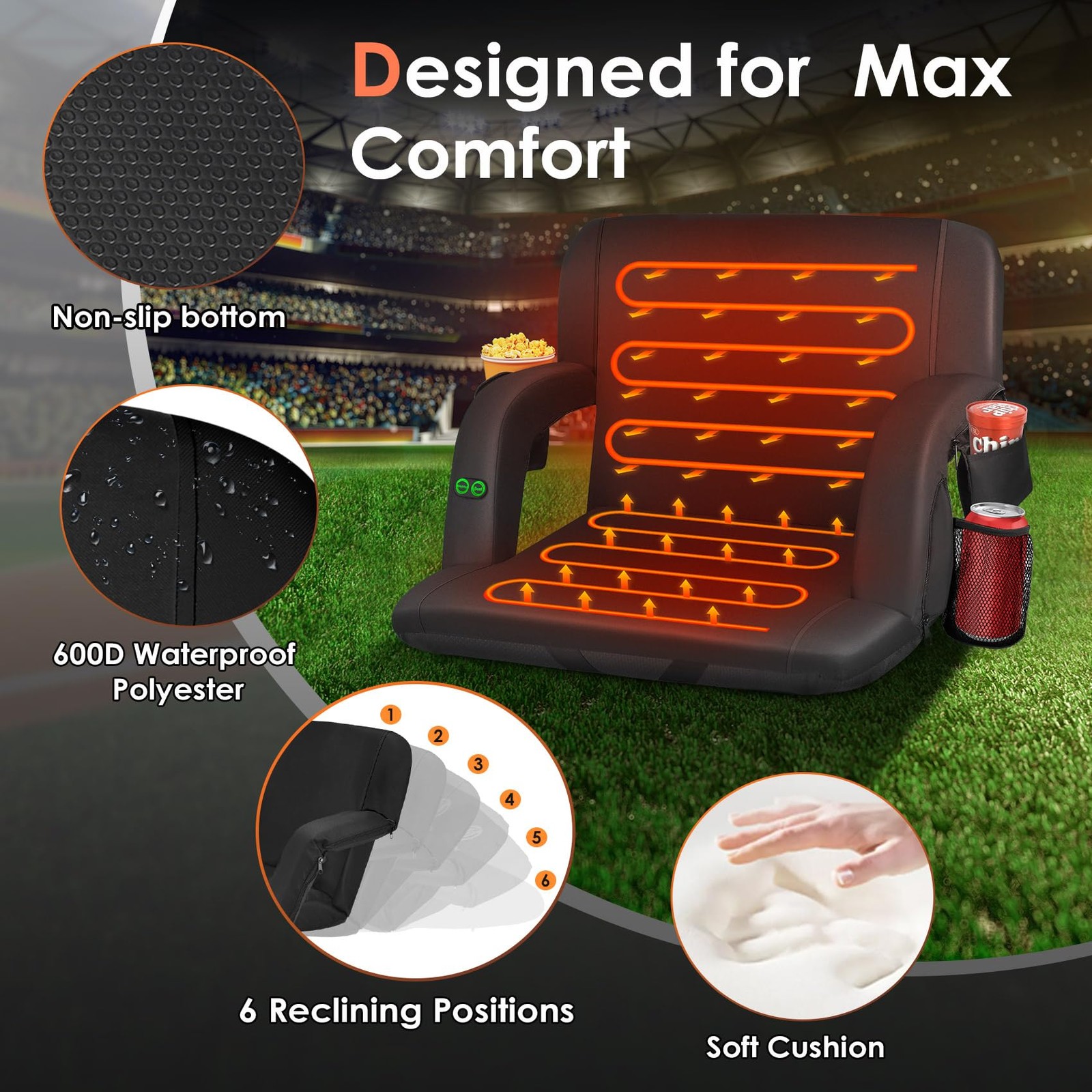 21" Dual-Sided Heated Stadium Seats for Bleachers with Back Support, 3 Levels...