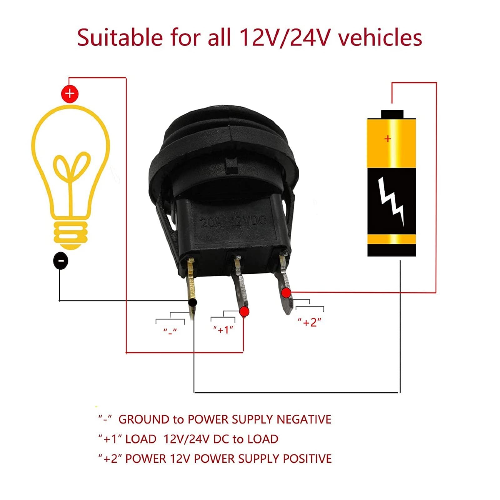 Toggle Switch 12 Volt Waterproof Blue LED Round Rocker 2 PCS SPST 3 Pin 12V/20A