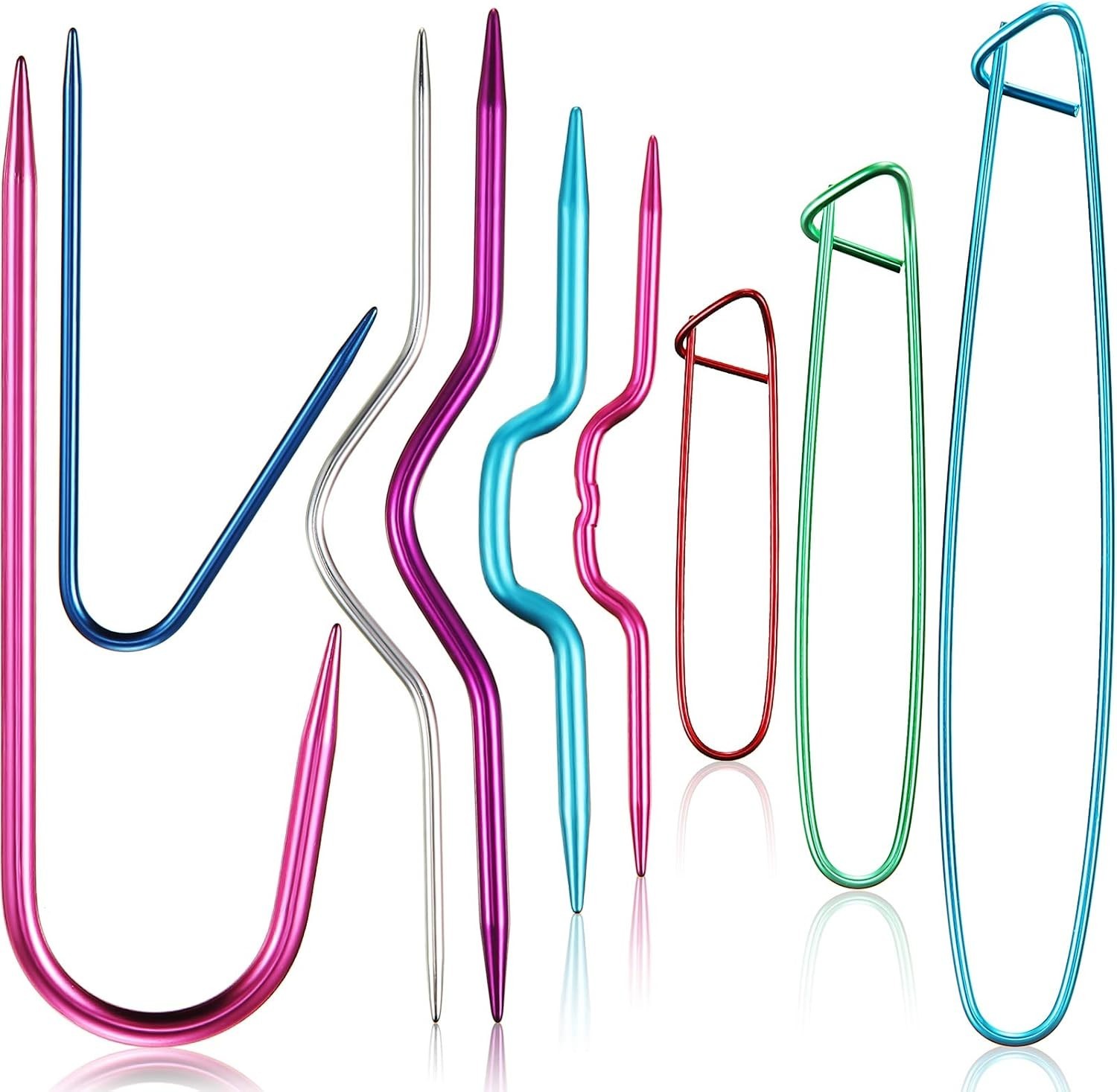 9-Piece Aluminum Cable Stitch Holders in Multiple Colors for Knitting Projects