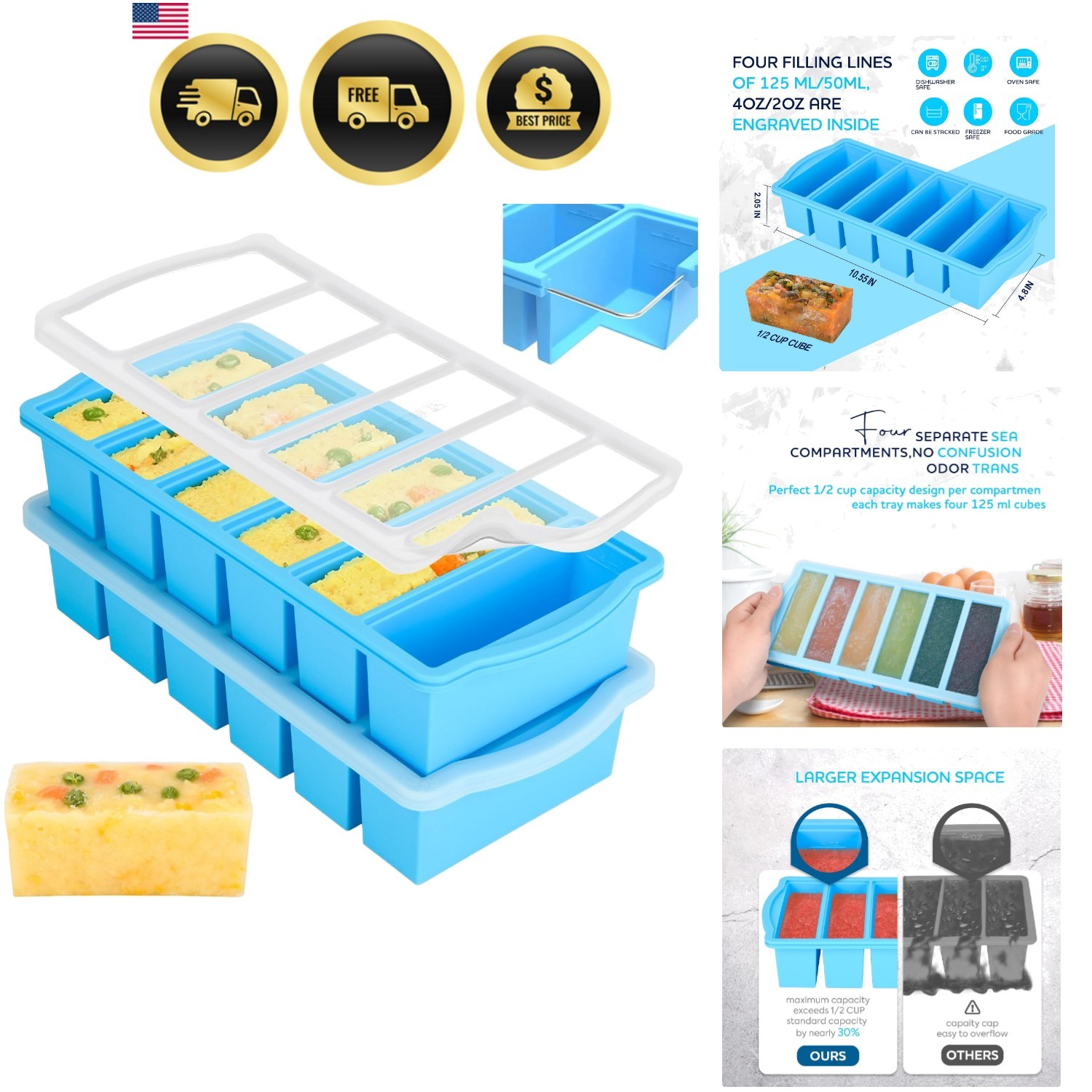Silicone Freezer Molds with Lids, 1/2 Cup Soup Freezer Container Reinforced S...