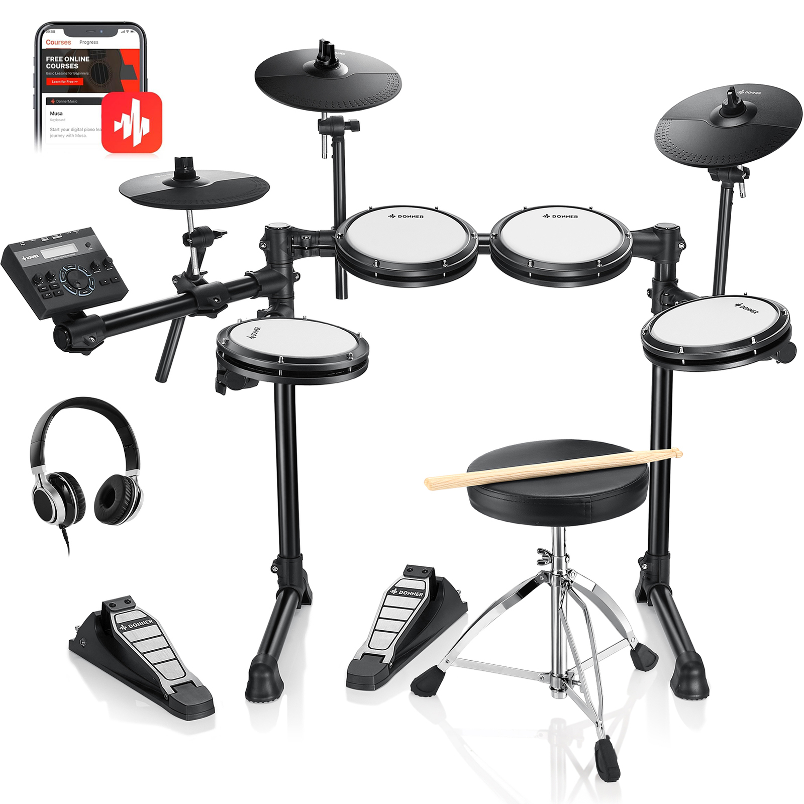 Donner DED-200 Lite Electric Drum Set + Throne Headphones Cubase Melodics Lesson