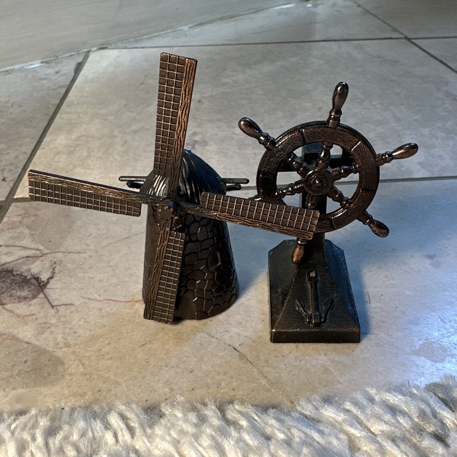 Vintage 70s Die-Cast Ship's Wheel And Spinning Windmill Pencil Sharpener Metal