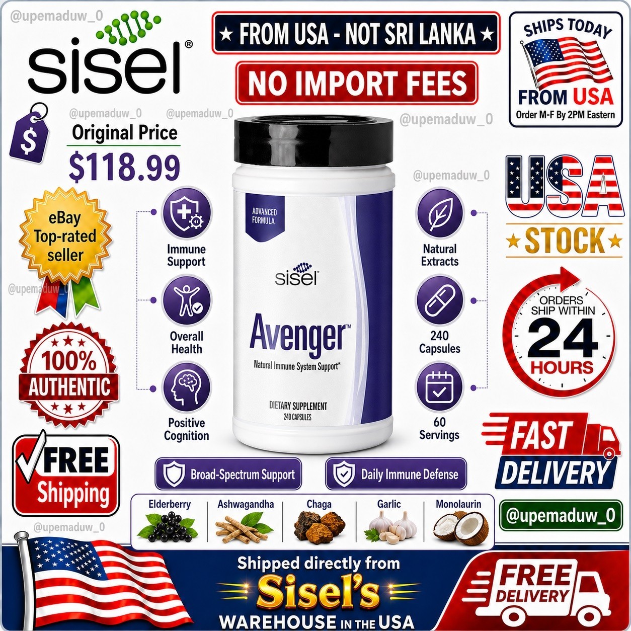Sisel Avenger Elderberry Ashwagandha Chaga Wellness Supplement 240 Capsules NIB⚡