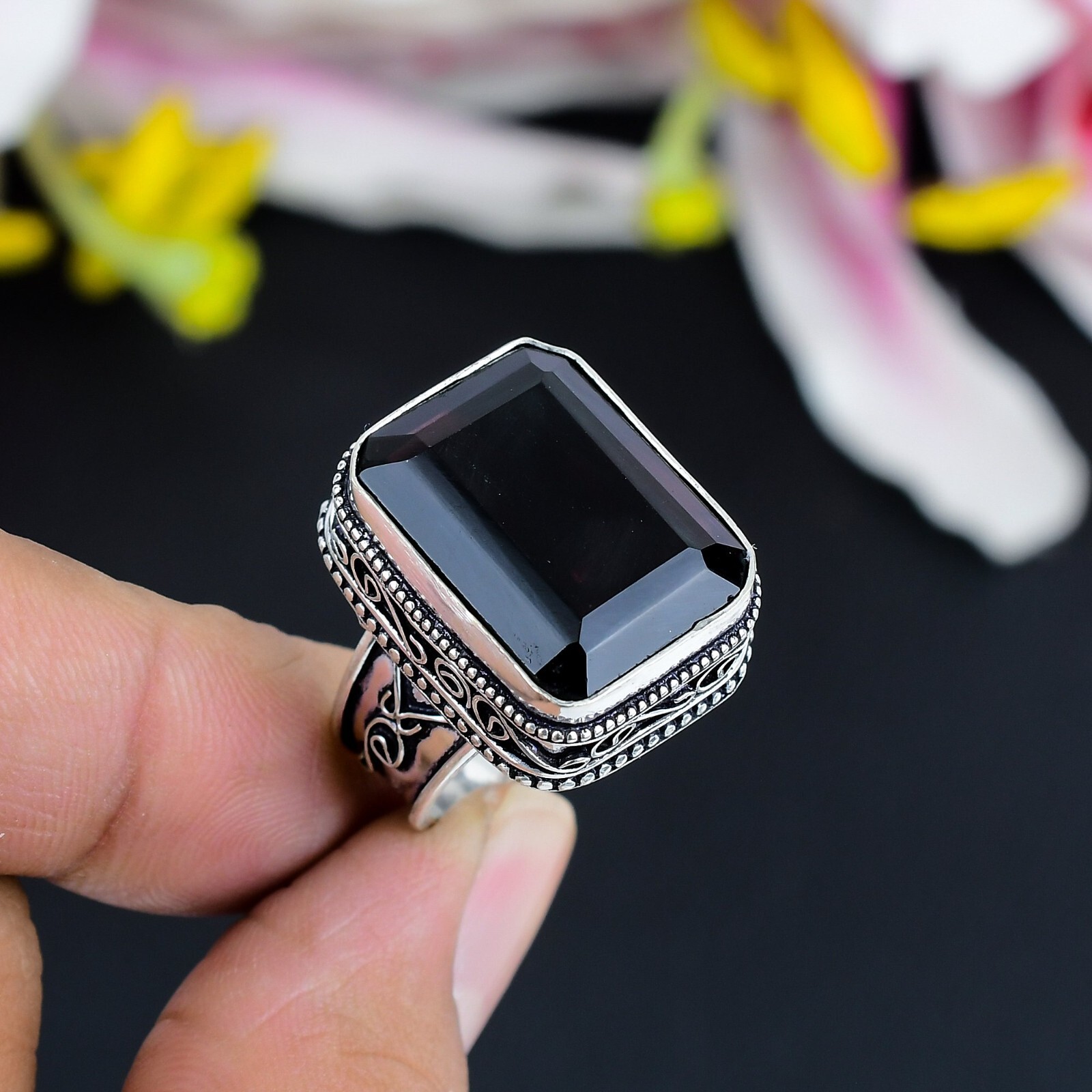 Black Onyx Gemstone Ring Handmade Jewelry 925 Sterling Silver Bohemian Ring