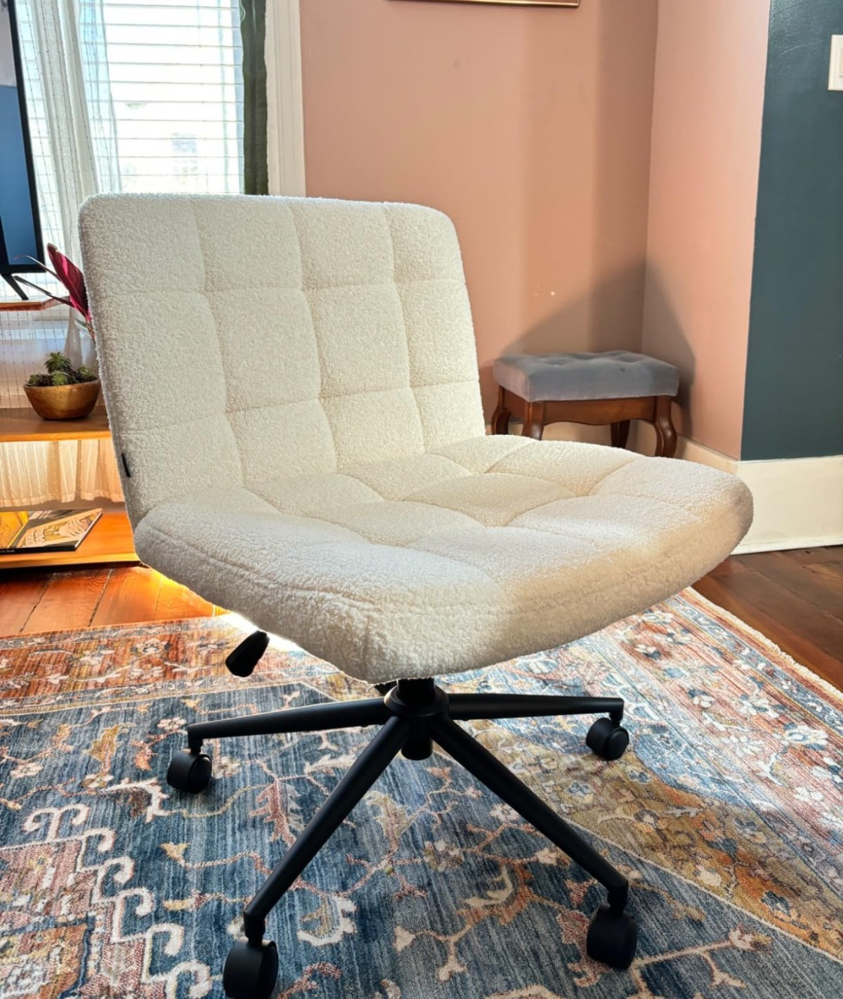 Swivel Criss Cross Legged Chair with Wheels for Home Office, Wide Armless Des...