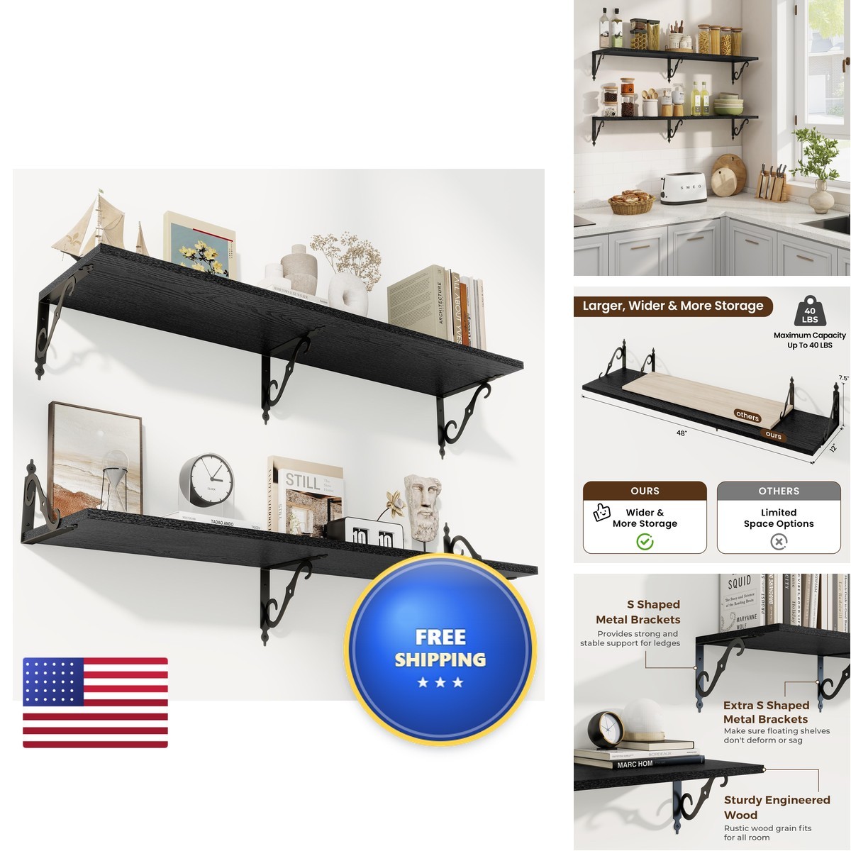 RICHFOCUS 12 Inch Deep Floating Shelves Wall, 48" W X 12" D Black Wood Wall