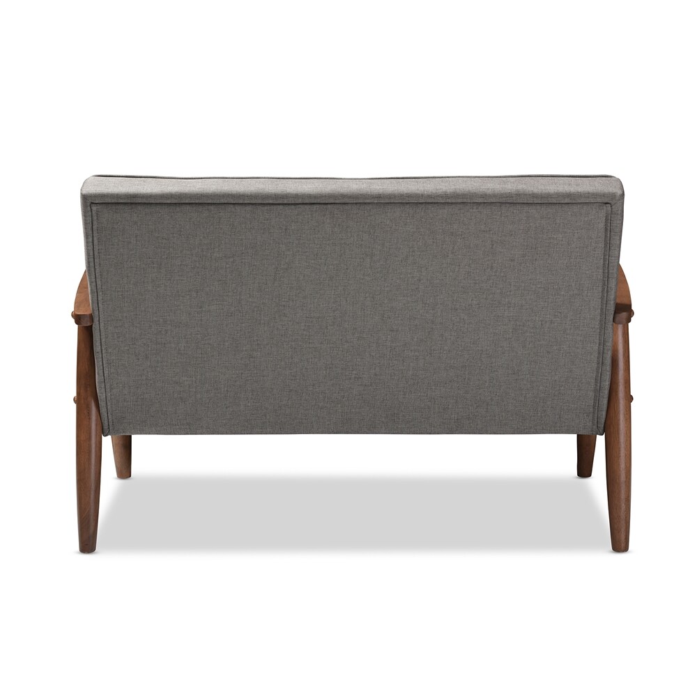 Mid-Century Dark Walnut Finished Gray Fabric Sofa, Loveseat, Chair or Set of all