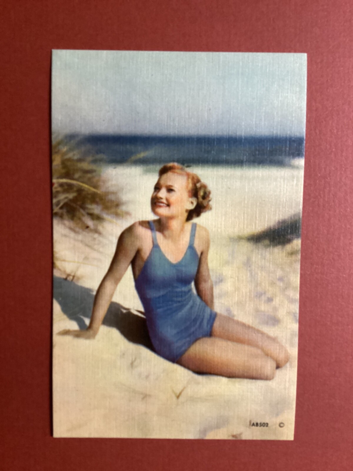 Red Head Bathing Beauty Beach Scene,  Pin Up, Pre-Bikini Era, NOS Linen Card 