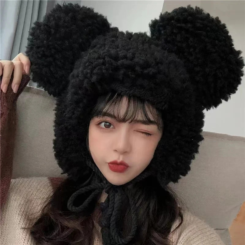Women Winter Thicken Plush Warm Earflap Hat Cute Bear Ears Windproof Beanie Cap