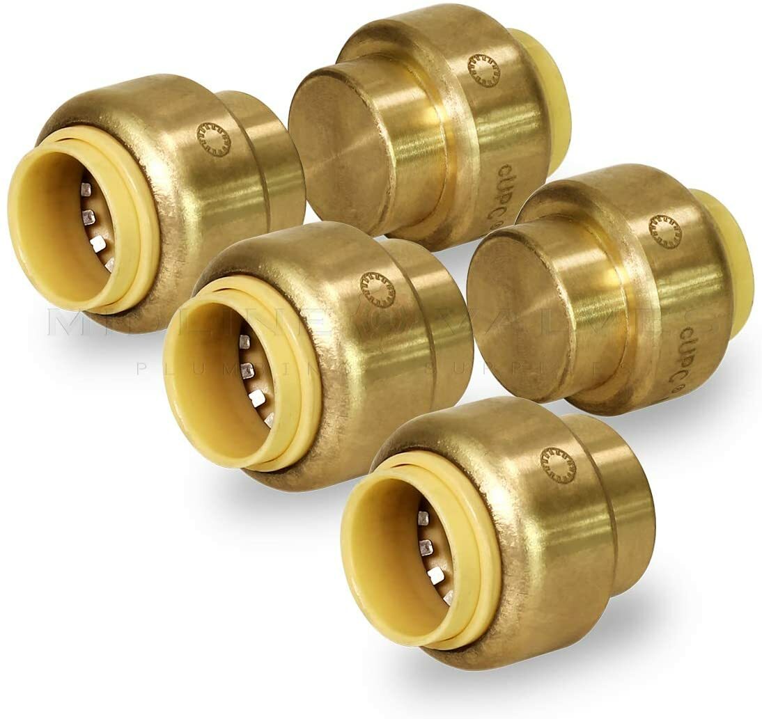 Plug End Cap Pipe Fitting Push to Connect Pex, Copper, CPVC, 3/4", Brass, 5-Pack