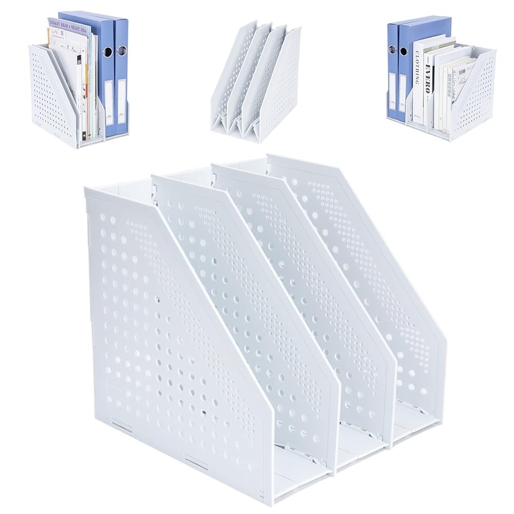 Collapsible Magazine File Holder 3 Vertical Compartment Binder Storage Gray