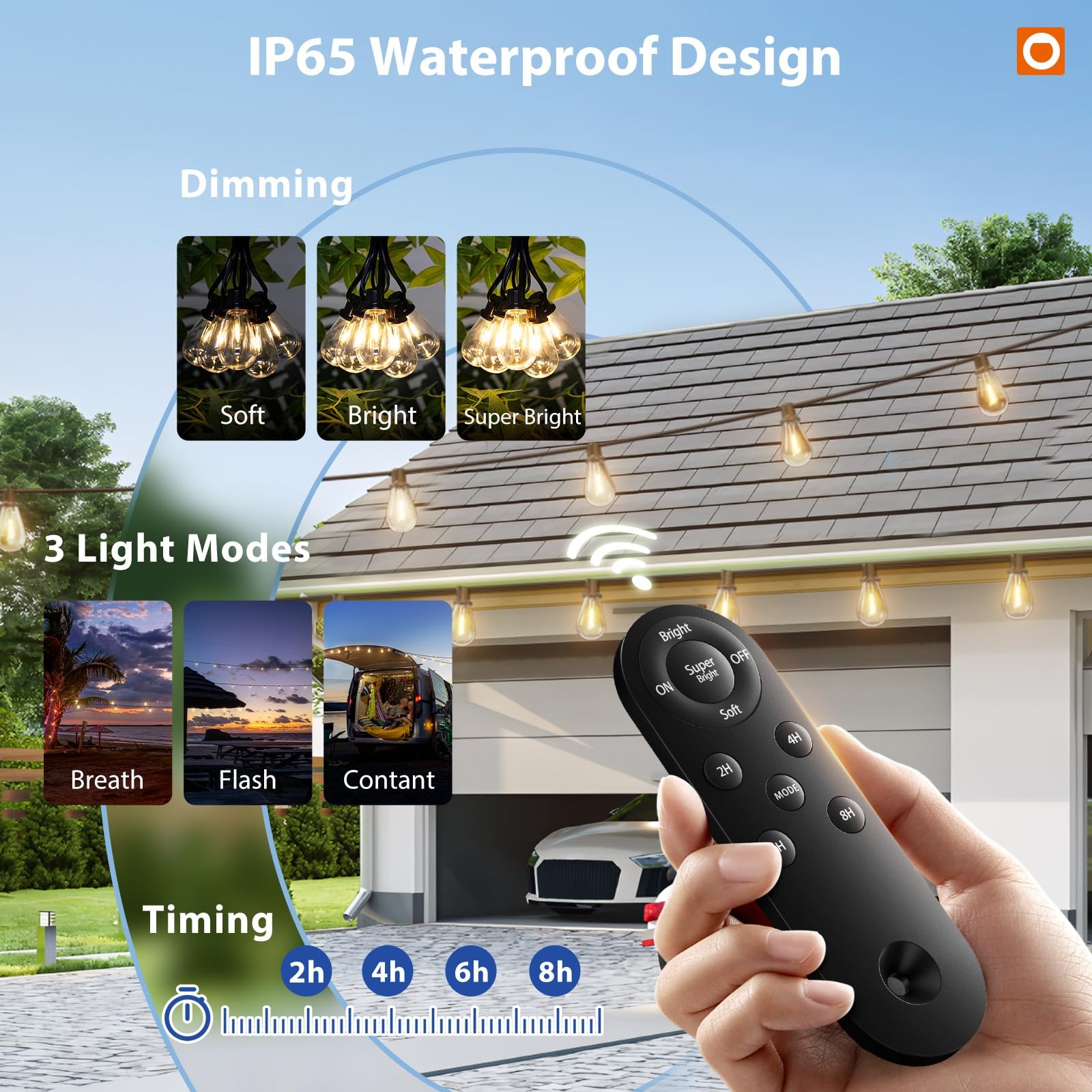 Solar String Lights 96FT 96FT+6 Outdoor Waterproof 34 LED Dimmable Bulbs addlon