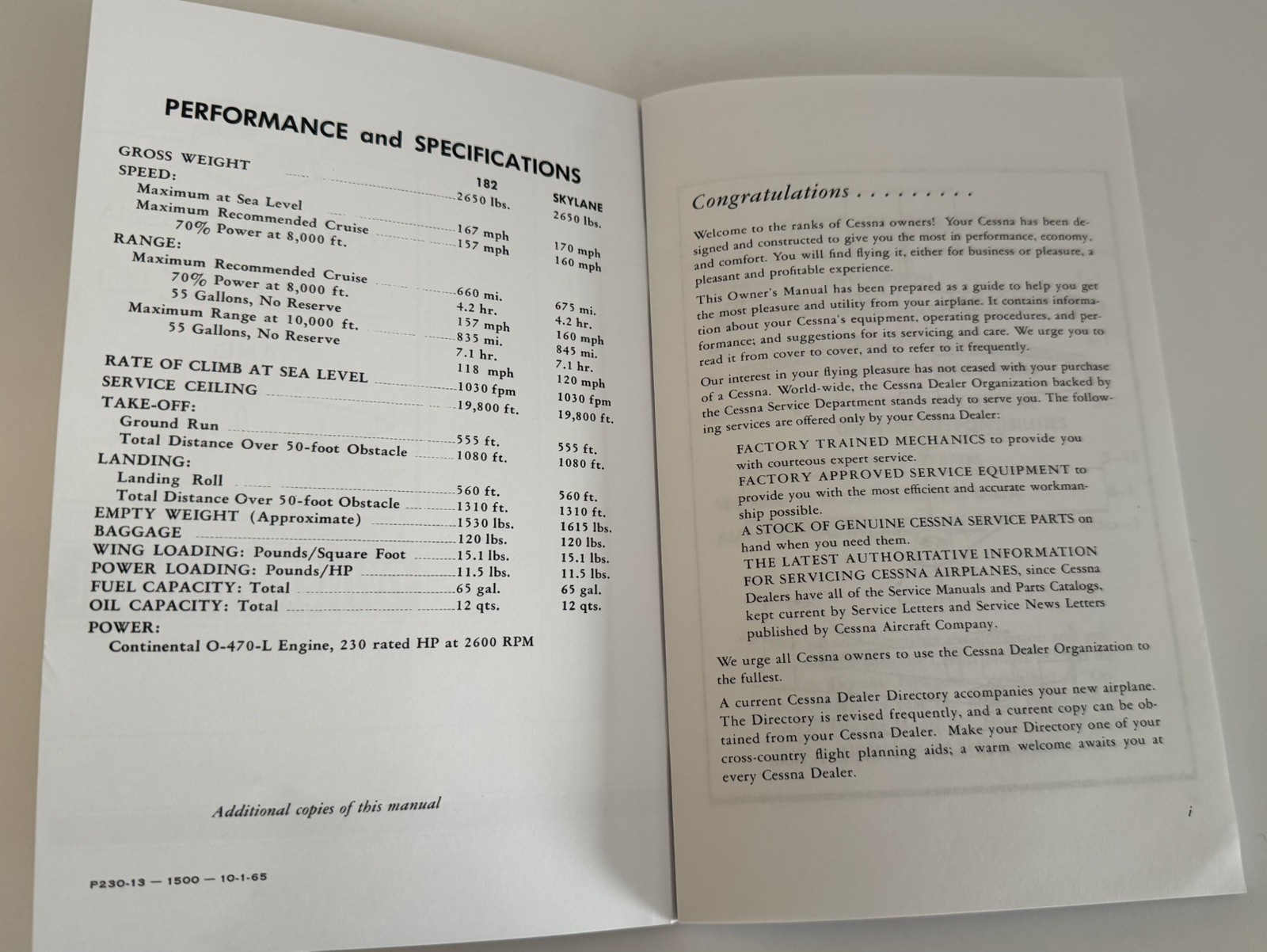 Cessna 182D Skylane 1961 Owner's Manual Copy