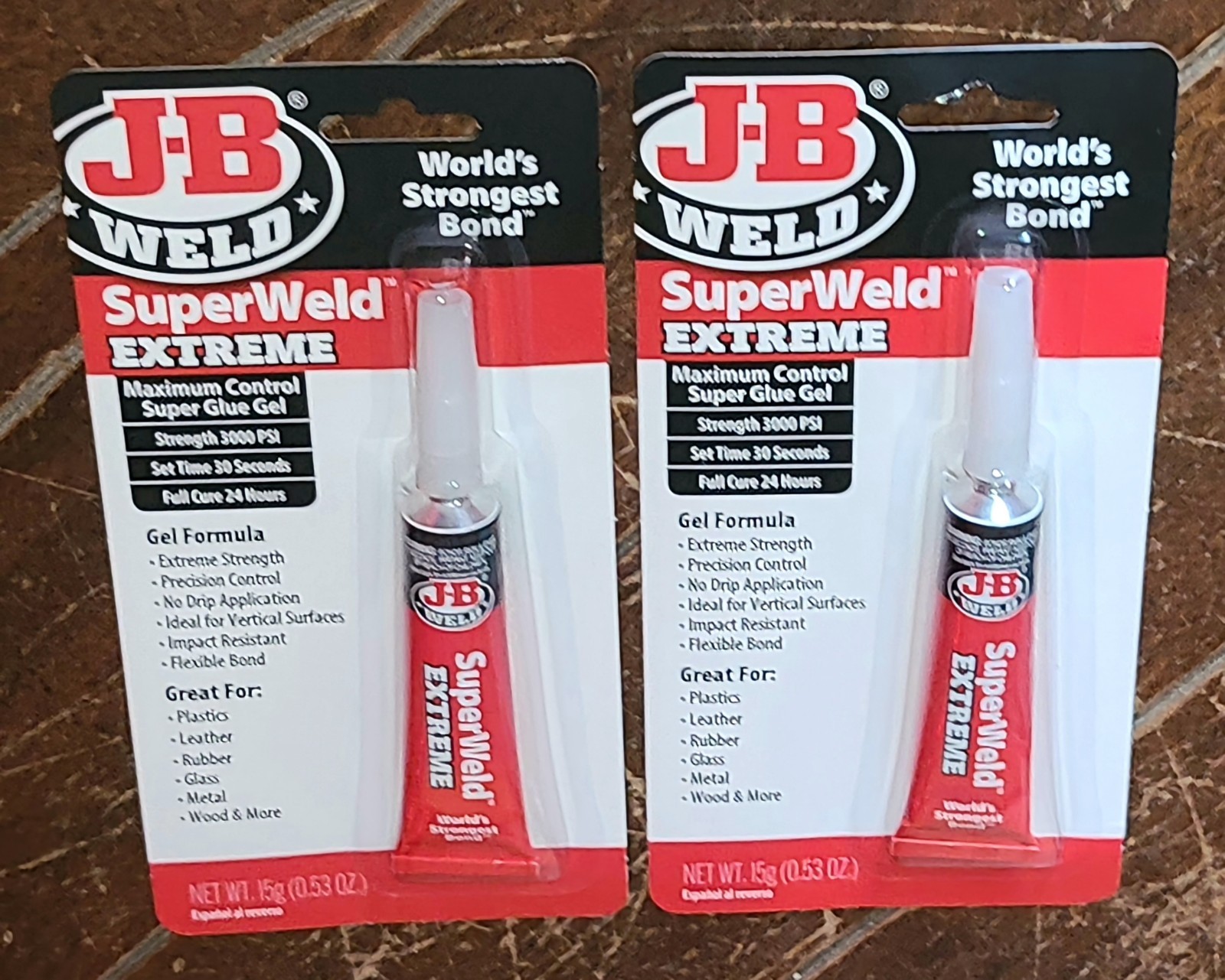 Lot of 2 J-B Weld SuperWeld Extreme Super Glue Gel Tubes (0.53oz Each) #33400
