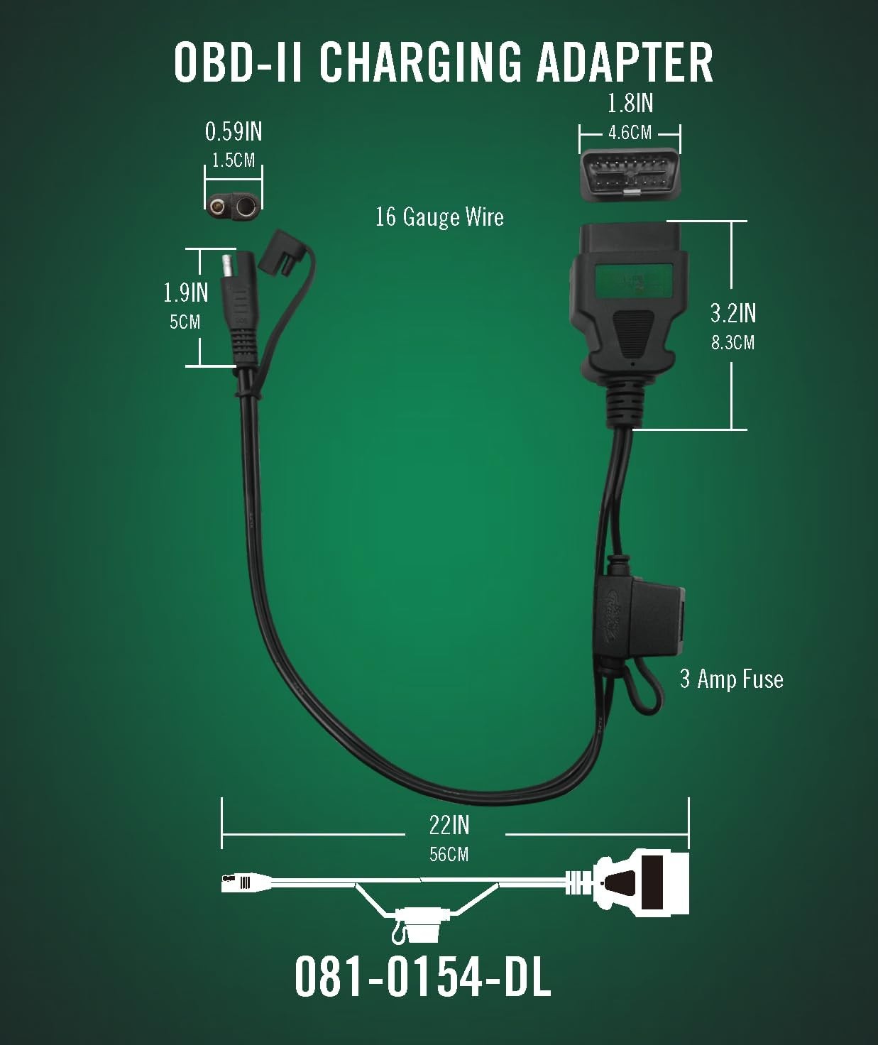 Adapter cable for 12V battery charging - 22-inch cable -