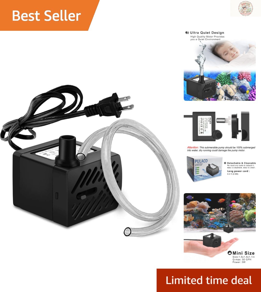 Ultra Quiet 50GPH Submersible Water Pump - Perfect for Small Aquatic Systems