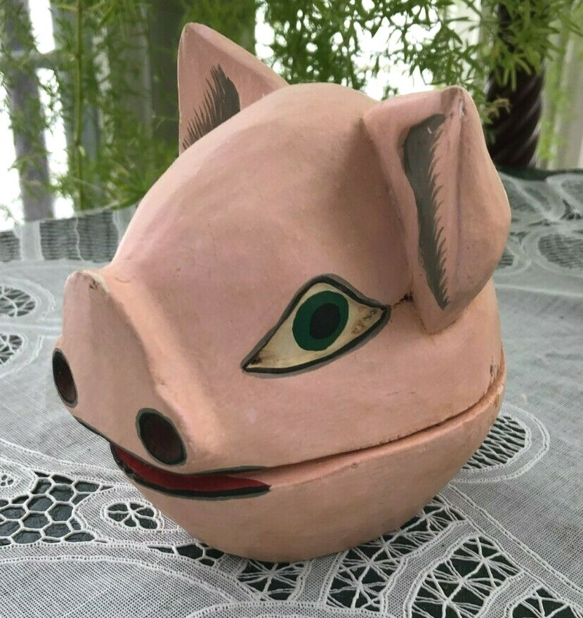 CARVED WOOD HANDPAINTED PIG HEAD HINGED BOX
