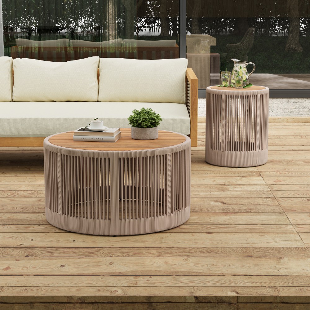 Modern Coffee & Side Table Set w/ Rope Design for Living Room Decor - Beige