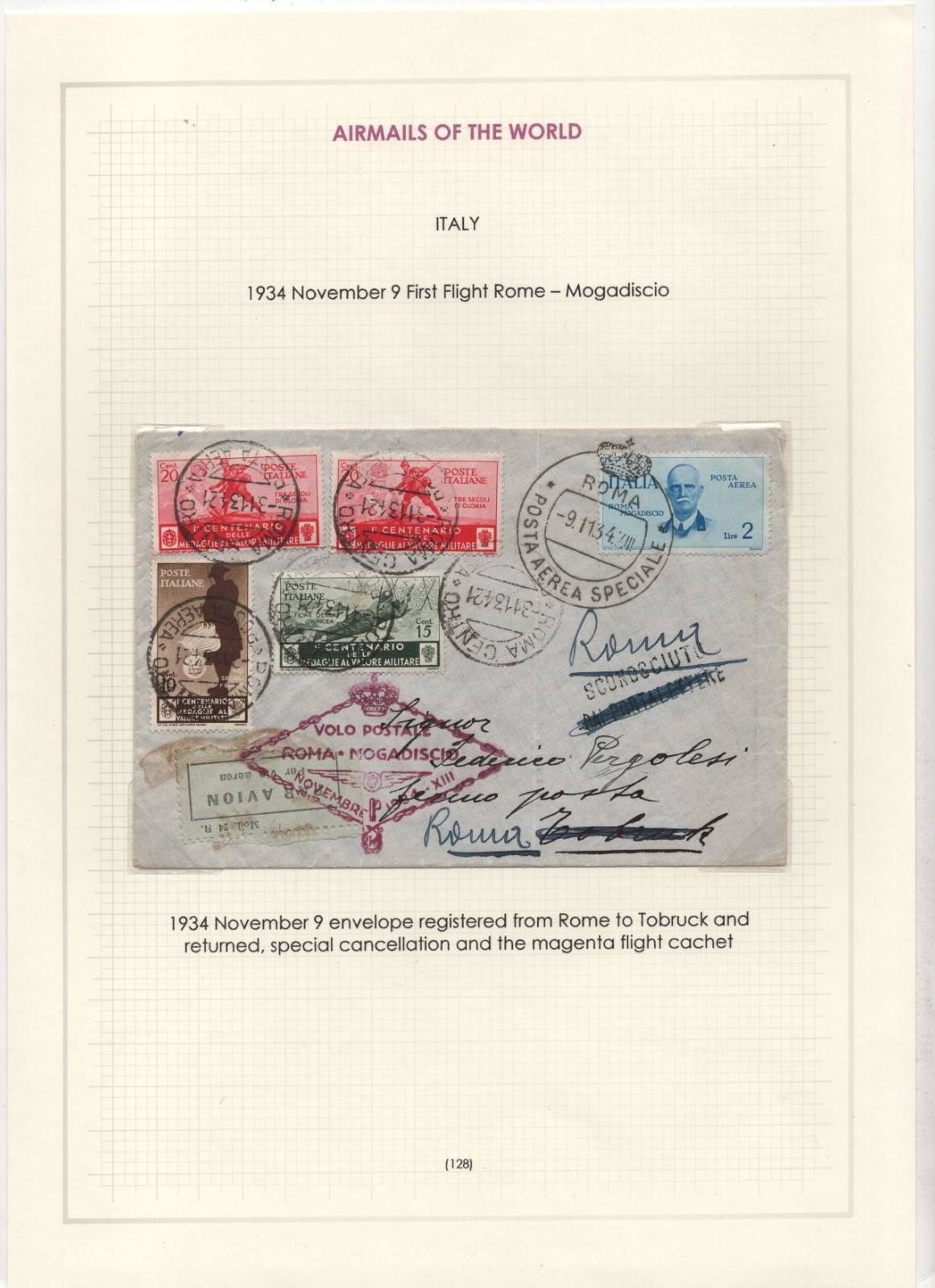 ITALY TO SOMALIA 1934 REGISTERED AIR MAIL FRANKED SCOTT #331-333 & C74