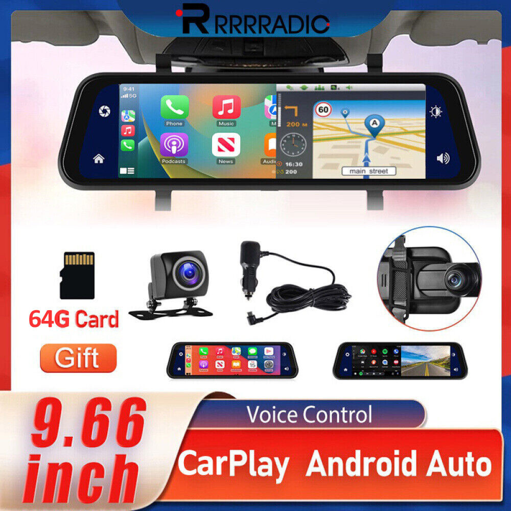 9.66" Touch Screen Portable Car CarPlay Radio Rear View Mirror Dash Cam + Camera